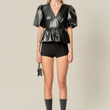 Faux Leather Peplum V-Neck Top