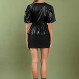 Faux Leather Peplum V-Neck Top