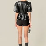 Faux Leather Peplum V-Neck Top