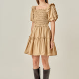 Poplin Smocked Puff Sleeve Mini Dress