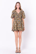 Load image into Gallery viewer, Plunge V Smocked Cotton Floral Mini Dress
