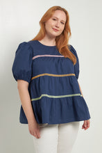 Load image into Gallery viewer, Multi Color Trim Inserted Puff Sleeve Top
