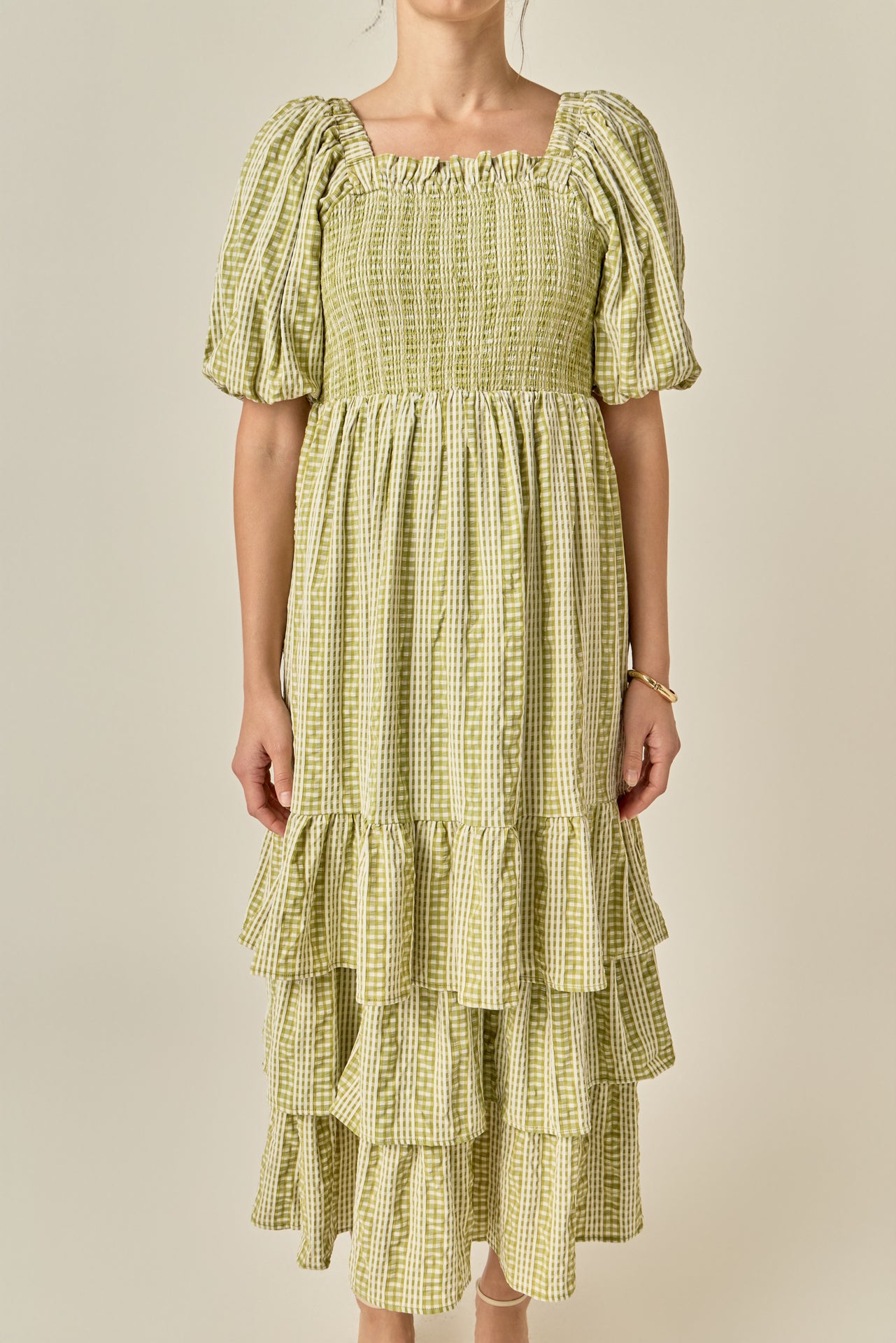 Gingham Striped Multi Tiered Maxi Dress – English Factory
