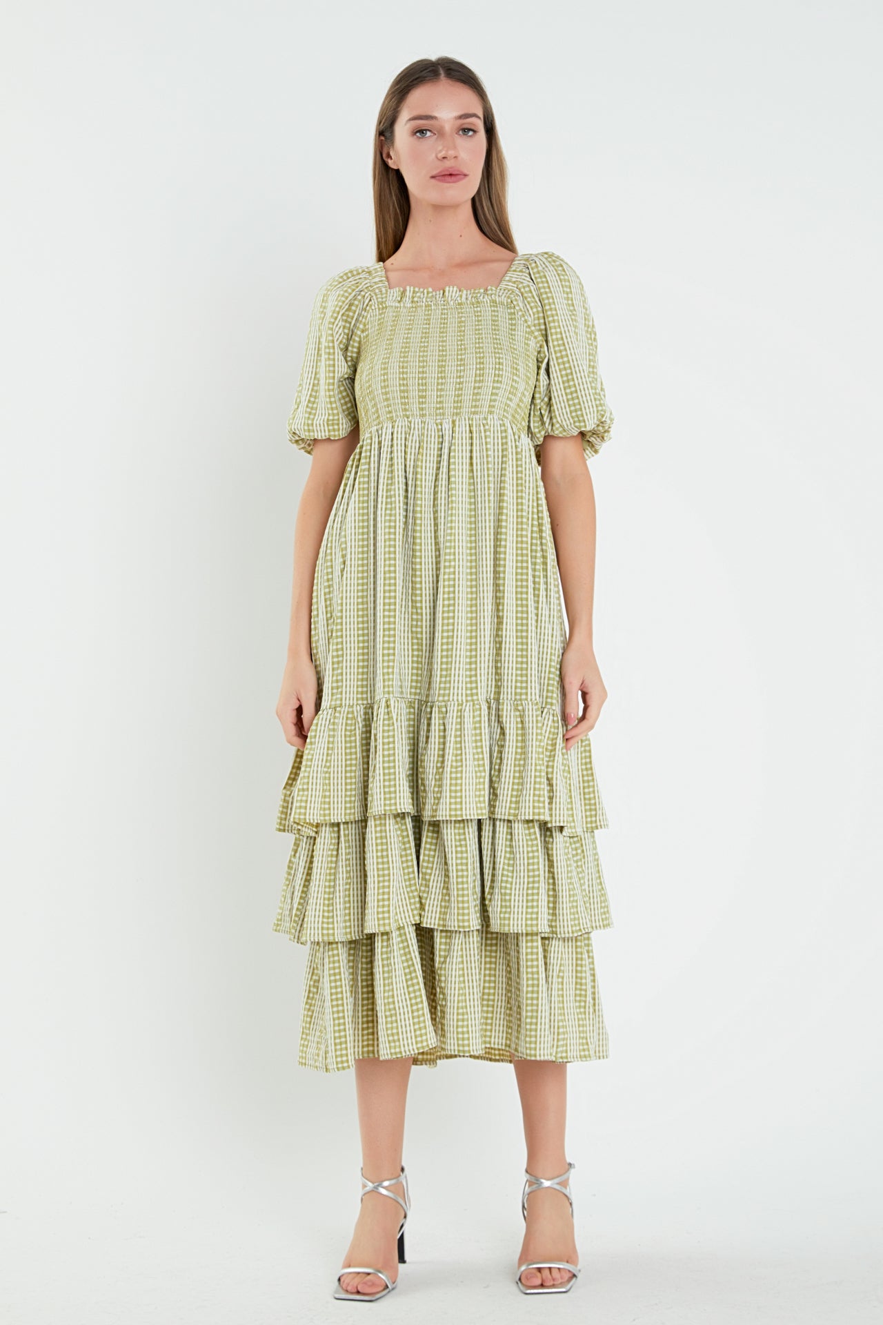 English Factory - Gingham Striped Multi Tiered Maxi Dress AVOCADO / M English Factory - Gingham Striped Multi Tiered Maxi Dress AVOCADO / M