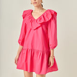 Long Sleeve V Ruffled Mini Dress