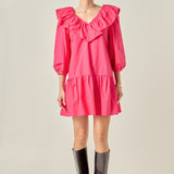 Long Sleeve V Ruffled Mini Dress