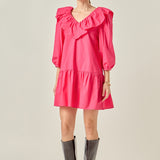 Long Sleeve V Ruffled Mini Dress