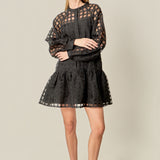 Sheer Checkered Organza Long Sleeve Mini Dress