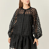 Sheer Checkered Organza Long Sleeve Mini Dress in Black