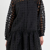 Sheer Checkered Organza Long Sleeve Mini Dress