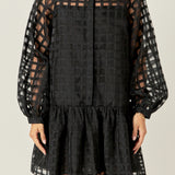 Sheer Checkered Organza Long Sleeve Mini Dress in Black