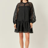 Sheer Checkered Organza Long Sleeve Mini Dress in Black