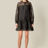 Sheer Checkered Organza Long Sleeve Mini Dress