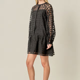 Sheer Checkered Organza Long Sleeve Mini Dress