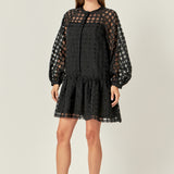 Sheer Checkered Organza Long Sleeve Mini Dress in Black