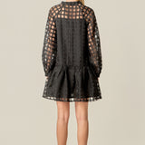 Sheer Checkered Organza Long Sleeve Mini Dress