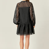 Sheer Checkered Organza Long Sleeve Mini Dress in Black
