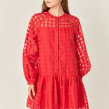 Sheer Checkered Organza Long Sleeve Mini Dress