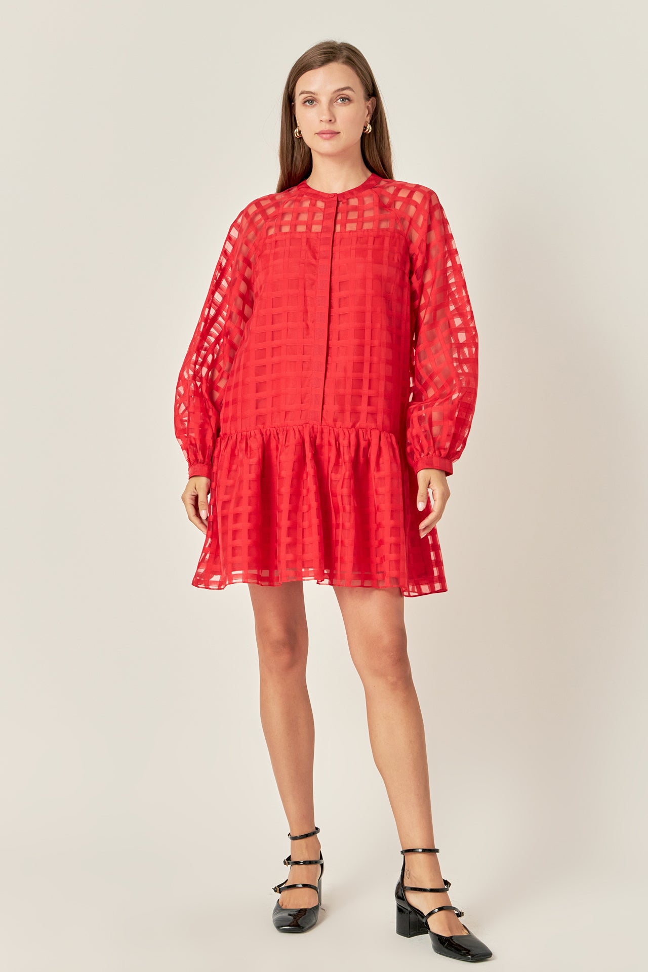 english factory Sheer Checkered Organza Long Sleeve Mini Dress RED |  Clothing