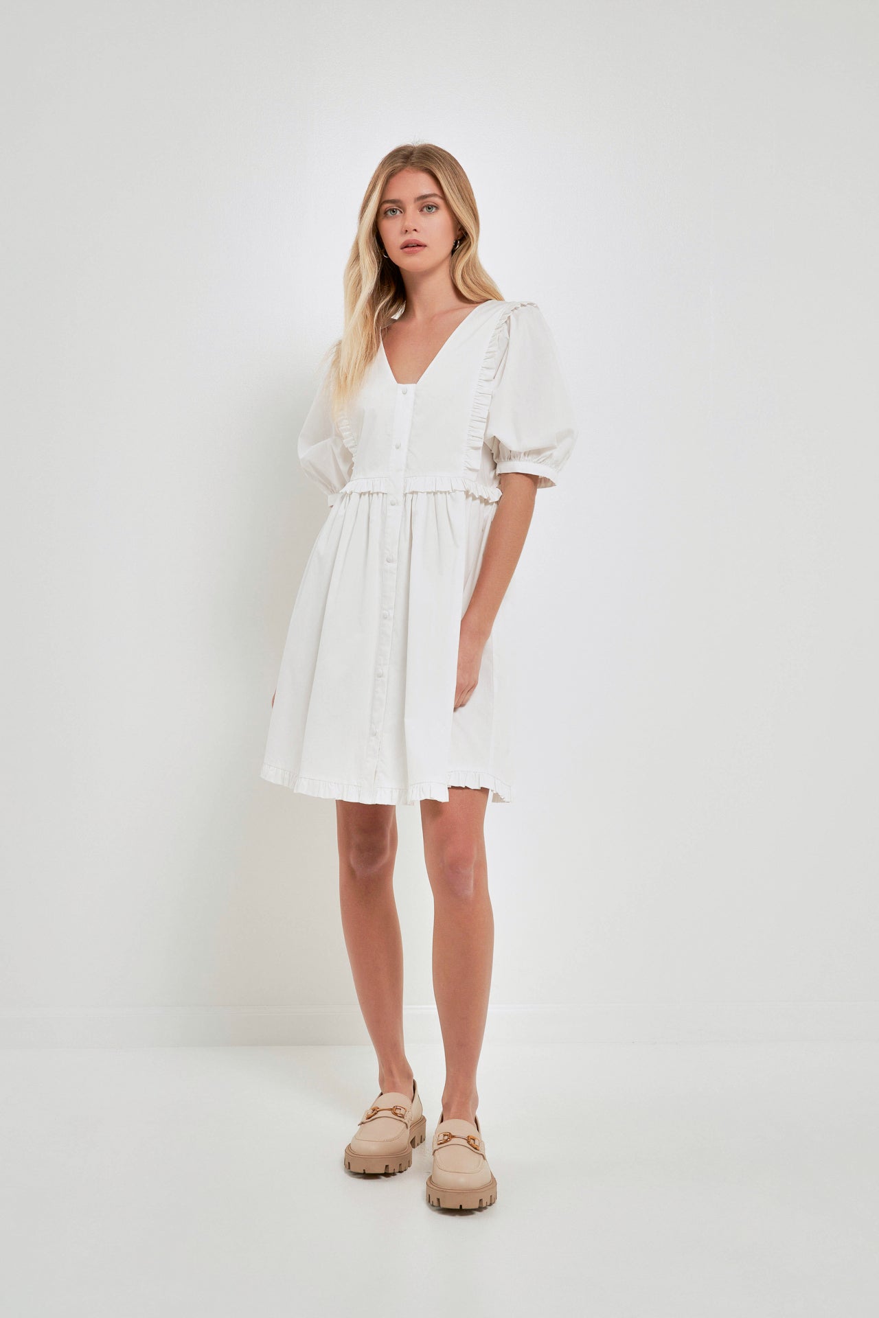 V Button Down Baby Doll Dress – English Factory