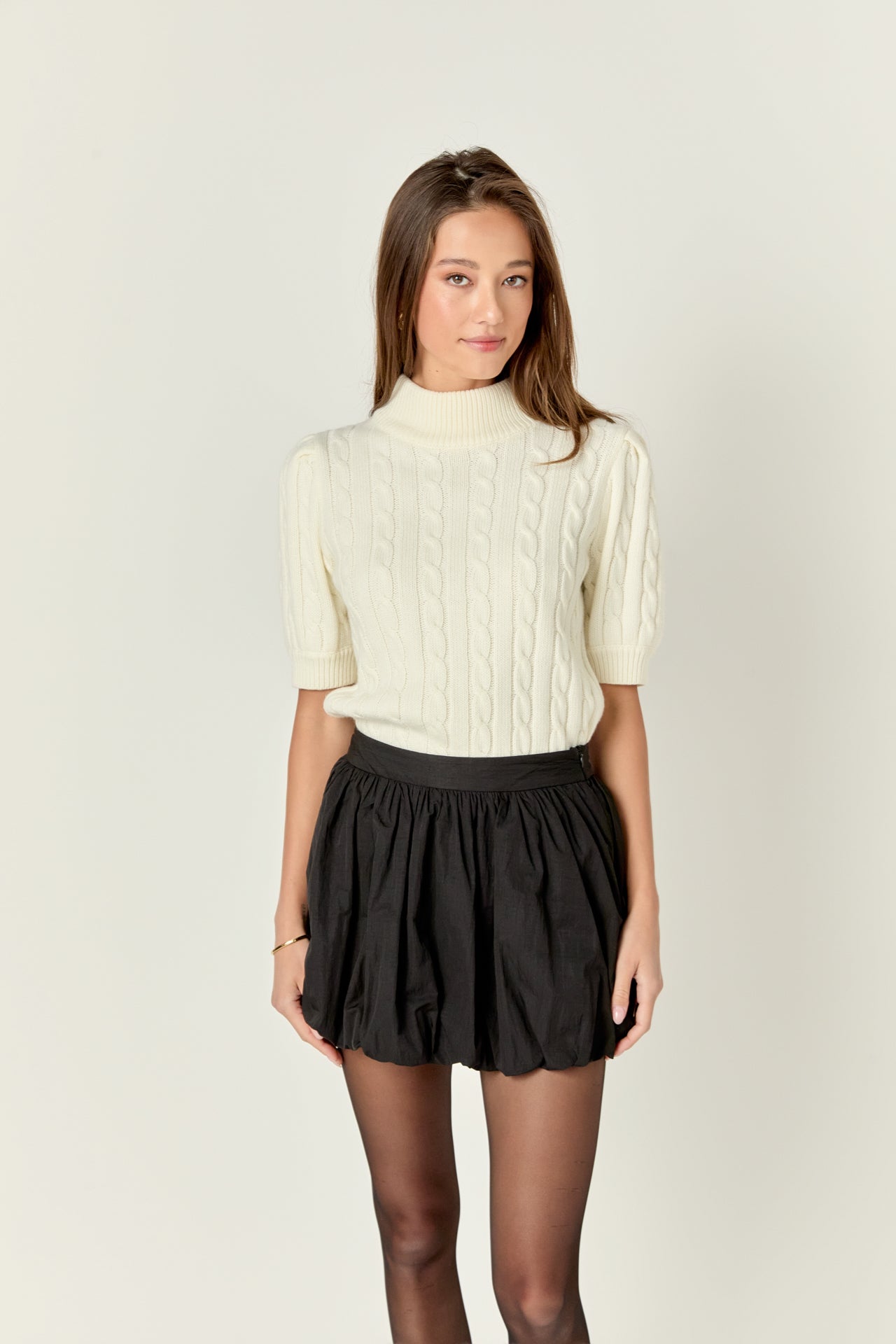 Cable Knit Sweater Short Black Sweater Short-Sleeve Cable-Knit