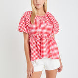 Gingham Neck Shirred Flowy Top