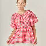 Gingham Neck Shirred Flowy Top