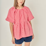 Gingham Neck Shirred Flowy Top