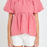 Gingham Neck Shirred Flowy Top