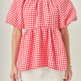 Gingham Neck Shirred Flowy Top