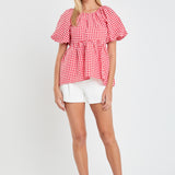 Gingham Neck Shirred Flowy Top