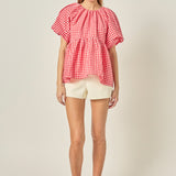 Gingham Neck Shirred Flowy Top