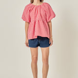Gingham Neck Shirred Flowy Top