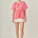 Gingham Neck Shirred Flowy Top