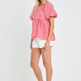 Gingham Neck Shirred Flowy Top