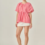 Gingham Neck Shirred Flowy Top
