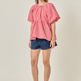 Gingham Neck Shirred Flowy Top