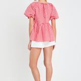 Gingham Neck Shirred Flowy Top