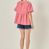 Gingham Neck Shirred Flowy Top