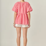 Gingham Neck Shirred Flowy Top