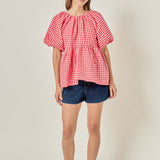 Gingham Neck Shirred Flowy Top