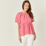 Gingham Neck Shirred Flowy Top