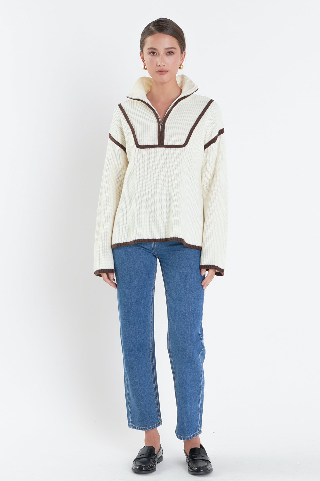 Contrast Piping Quarter-Zip Sweater