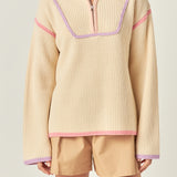Contrast Piping Quarter-Zip Sweater