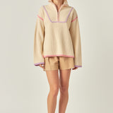 Contrast Piping Quarter-Zip Sweater