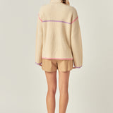 Contrast Piping Quarter-Zip Sweater