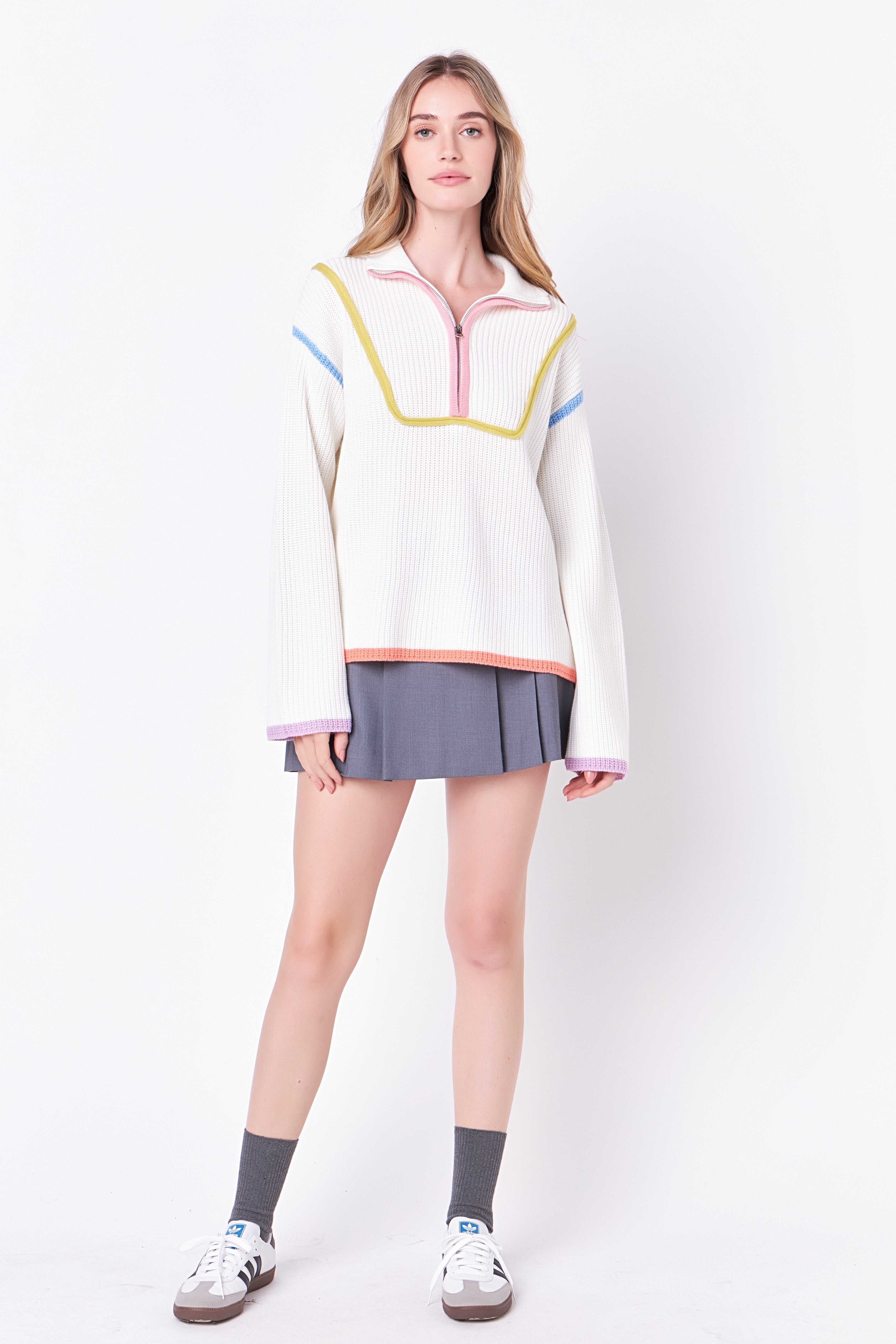 Contrast Piping Quarter-Zip Oversized Sweater