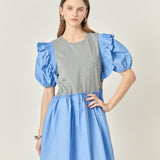 Mixed Media Puffy Short Sleeve Mini Dress