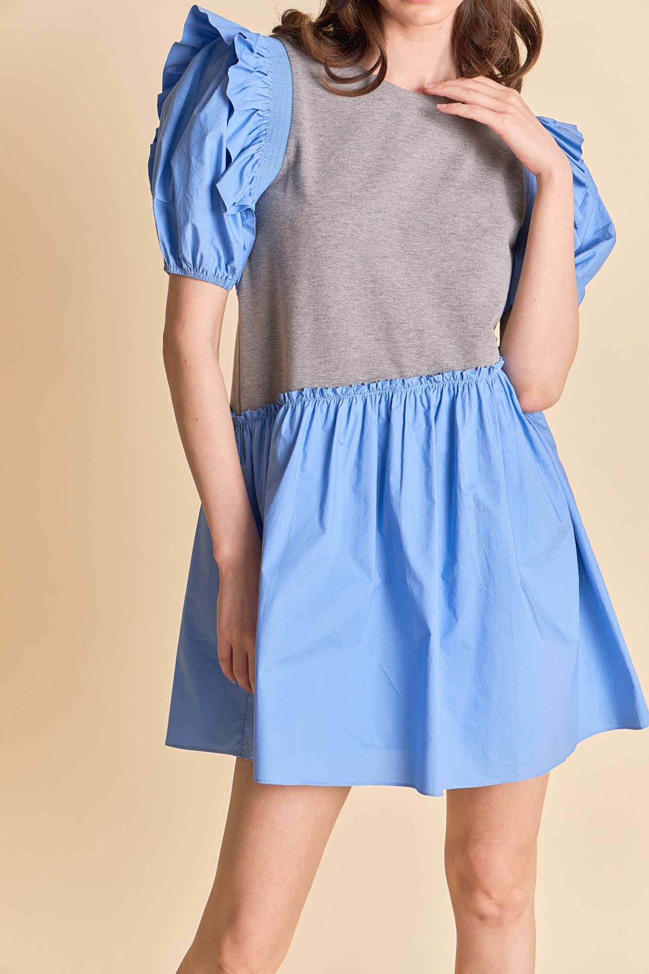 English Factory - Mixed Media Puffy Short Sleeve Mini Dress GREY/BLUE / XS English Factory - Mixed Media Puffy Short Sleeve Mini Dress GREY/BLUE / XS