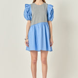 Mixed Media Puffy Short Sleeve Mini Dress